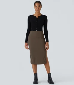 Maxi & Midi Skirts|Casual Skirts<HALARA Ribbed High Waisted Bodycon Midi Casual Skirt