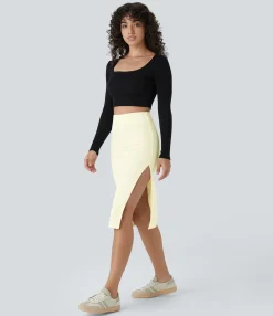 Maxi & Midi Skirts|Casual Skirts<HALARA Ribbed High Waisted Bodycon Midi Casual Skirt