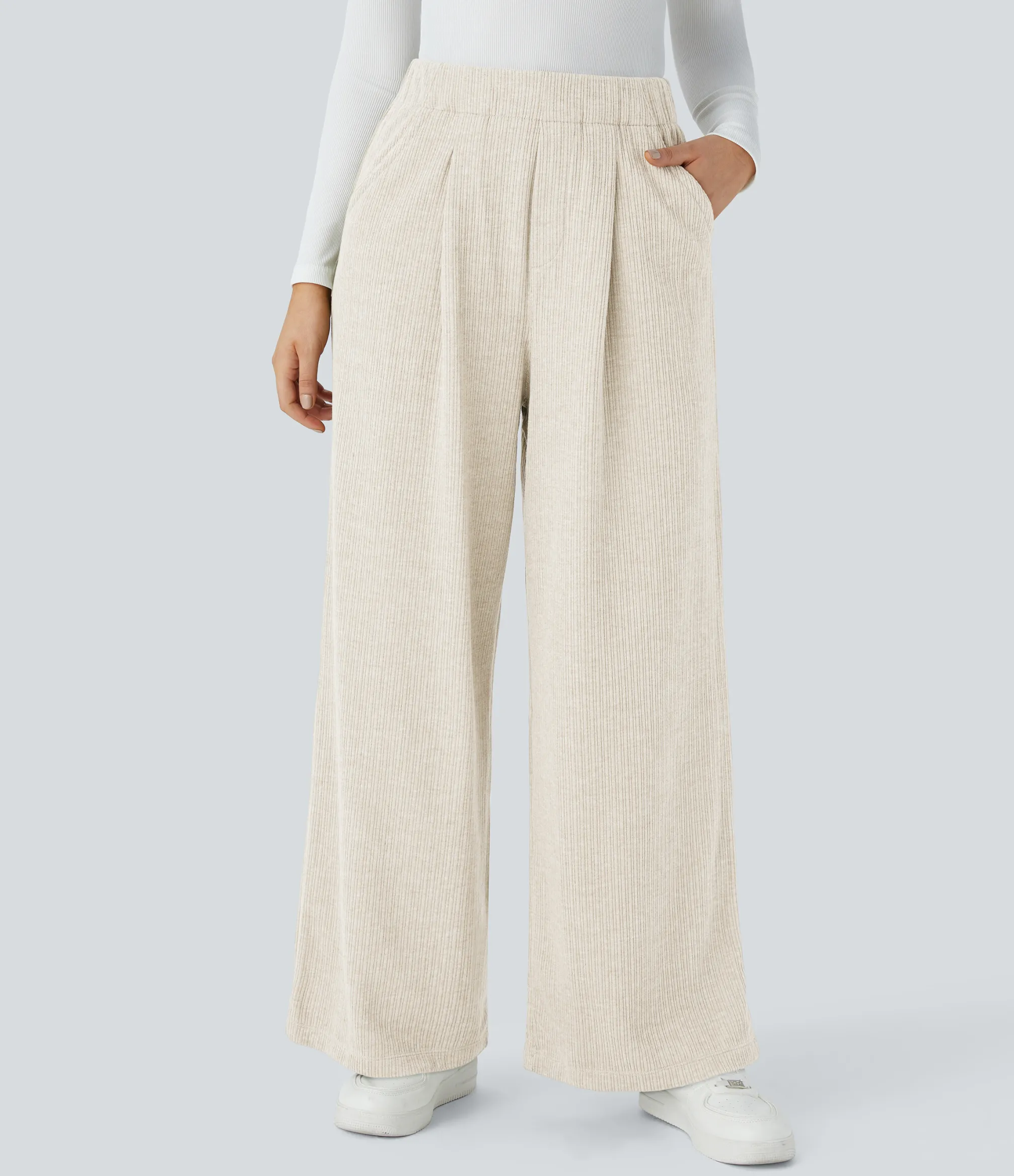 High-Waisted Pants|Wide-Leg Pants<HALARA Ribbed High Waisted Pocket Wide Leg Casual Pants