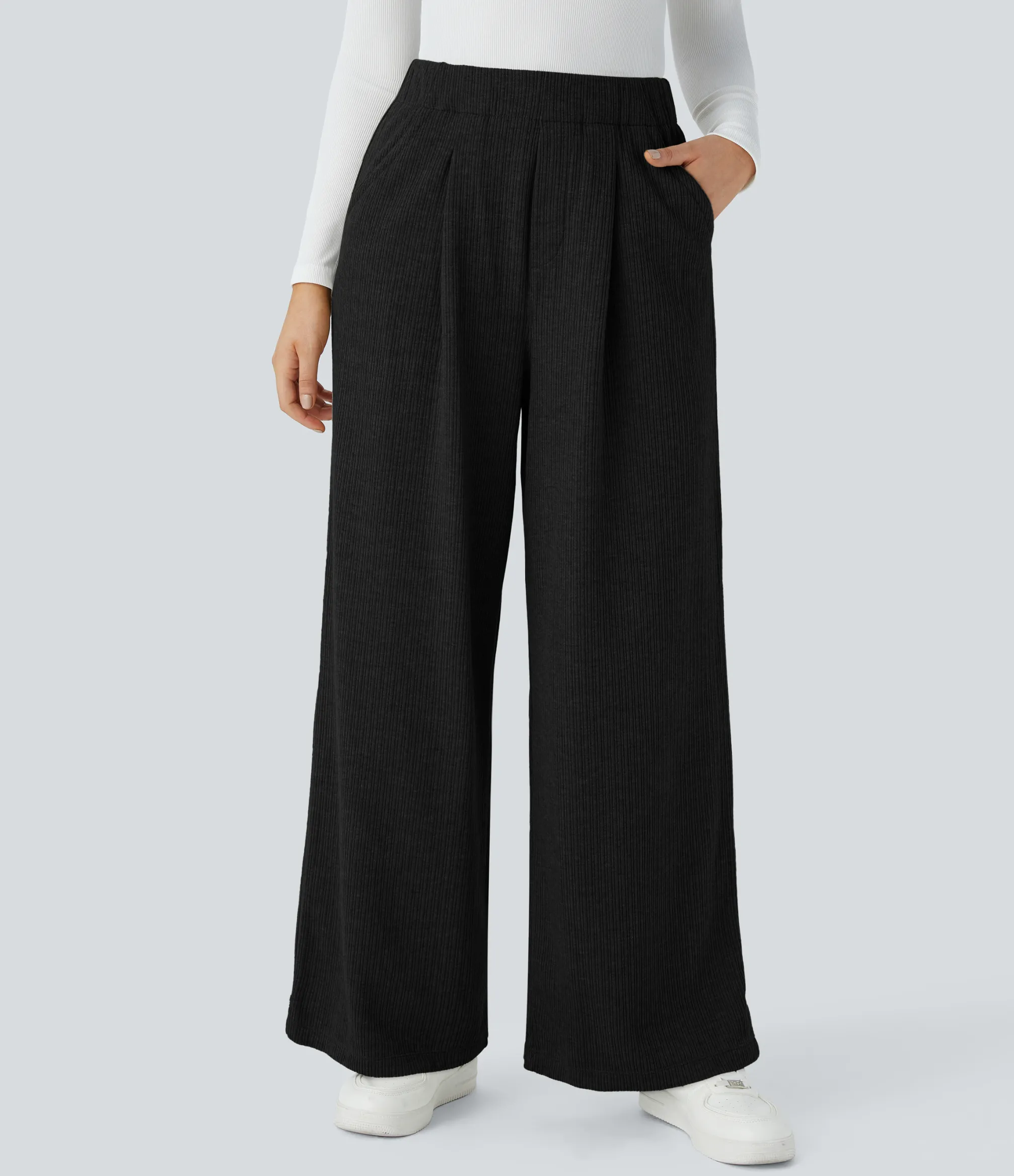 High-Waisted Pants|Wide-Leg Pants<HALARA Ribbed High Waisted Pocket Wide Leg Casual Pants