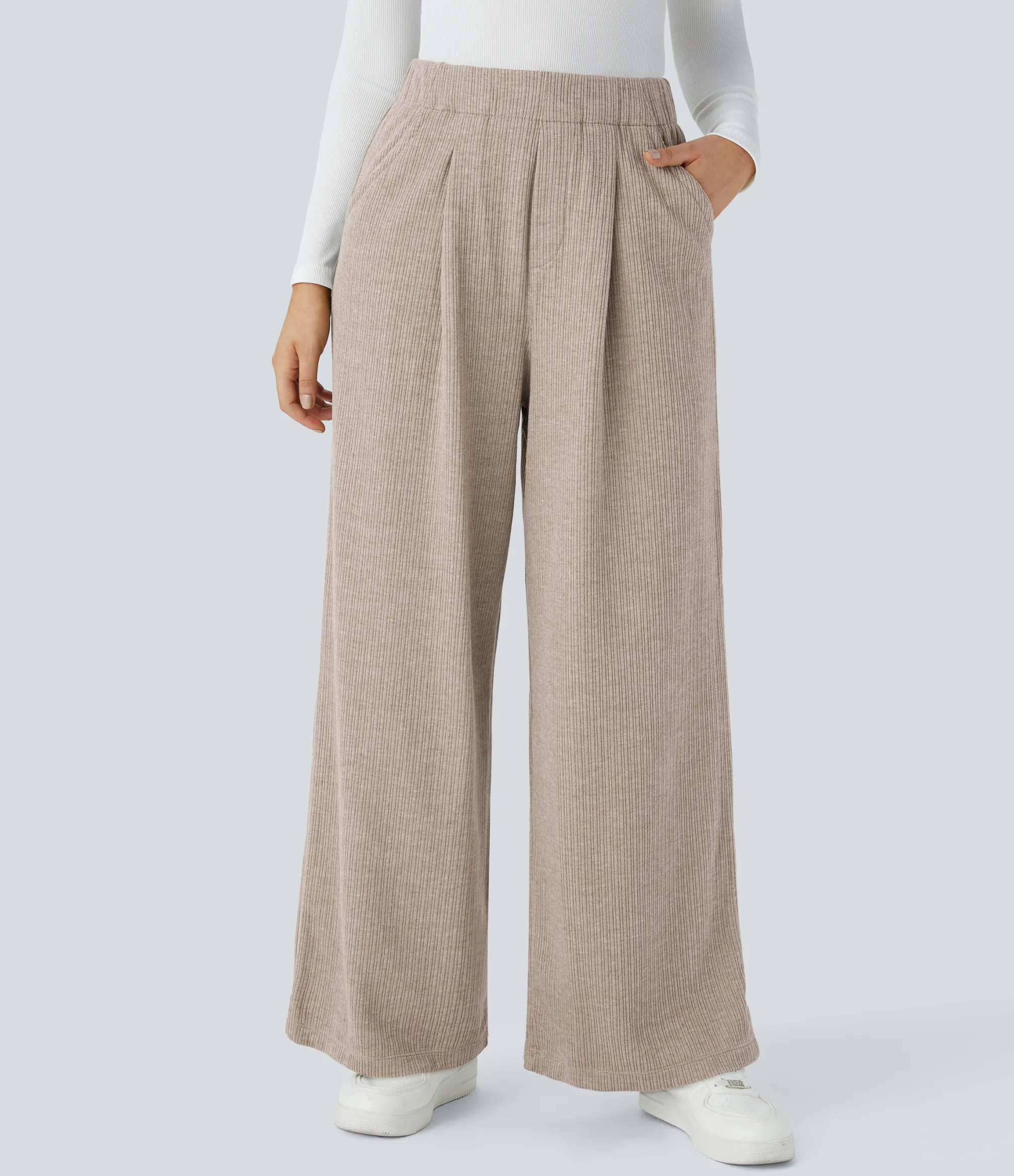 High-Waisted Pants|Wide-Leg Pants<HALARA Ribbed High Waisted Pocket Wide Leg Casual Pants