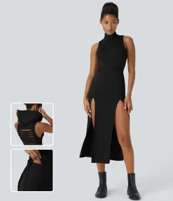 Maxi & Midi Dresses|Dresses<HALARA Ribbed Hooded High Neck Sleeveless Cut Out Tie Back 2-Piece Midi Casual Dress