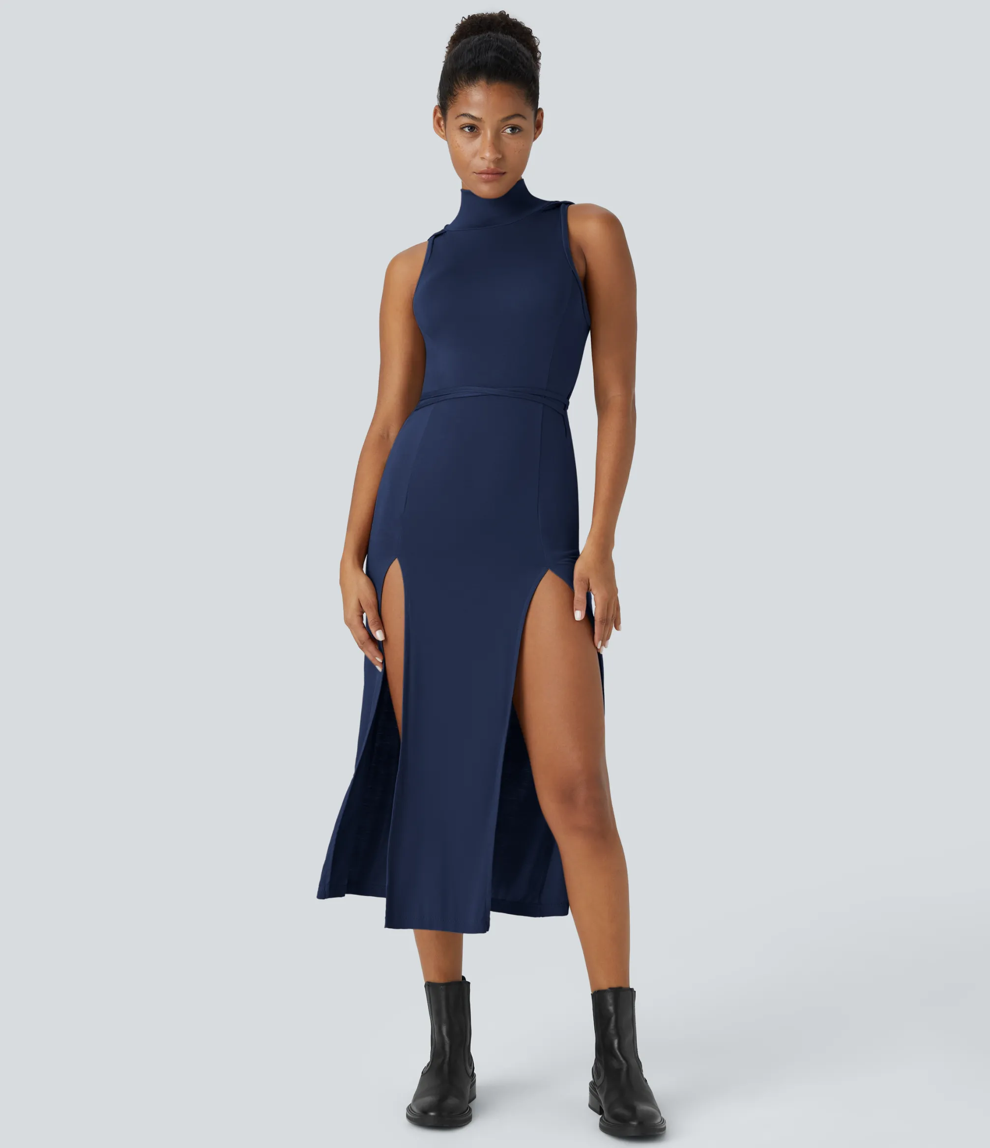 Maxi & Midi Dresses|Dresses<HALARA Ribbed Hooded High Neck Sleeveless Cut Out Tie Back 2-Piece Midi Casual Dress
