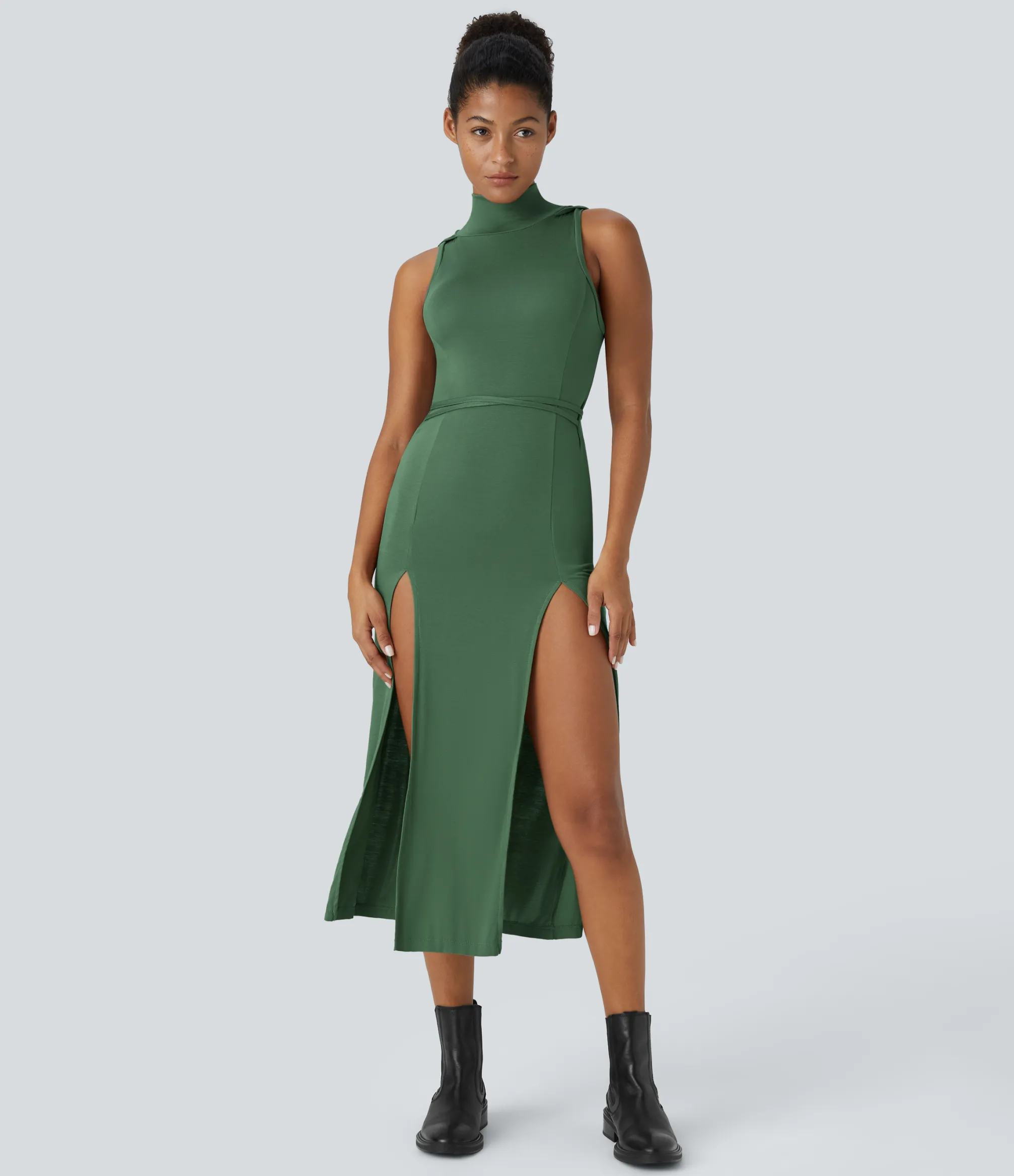 Maxi & Midi Dresses|Dresses<HALARA Ribbed Hooded High Neck Sleeveless Cut Out Tie Back 2-Piece Midi Casual Dress