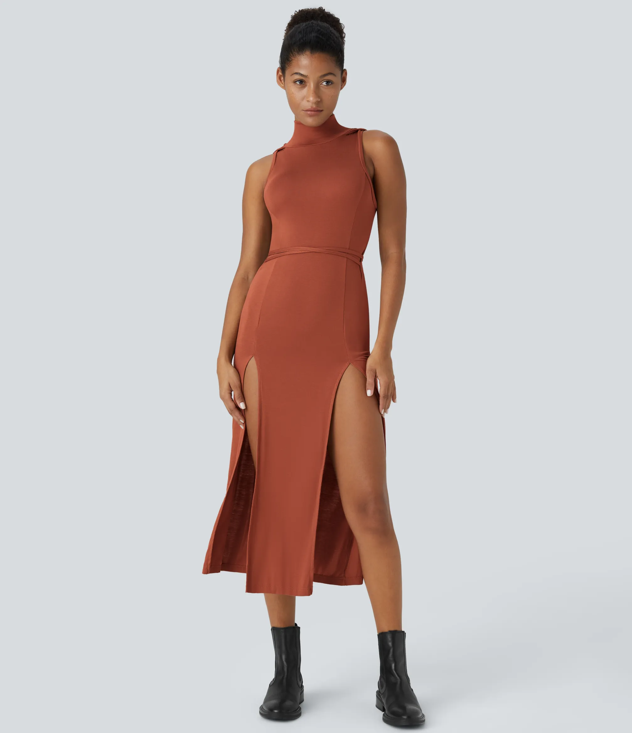 Maxi & Midi Dresses|Dresses<HALARA Ribbed Hooded High Neck Sleeveless Cut Out Tie Back 2-Piece Midi Casual Dress