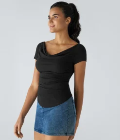 Casual Tops<HALARA Ribbed Knit Boat Neck Ruched Curved Hem Skinny Casual Top