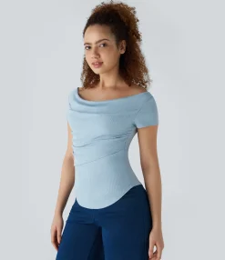 Casual Tops<HALARA Ribbed Knit Boat Neck Ruched Curved Hem Skinny Casual Top