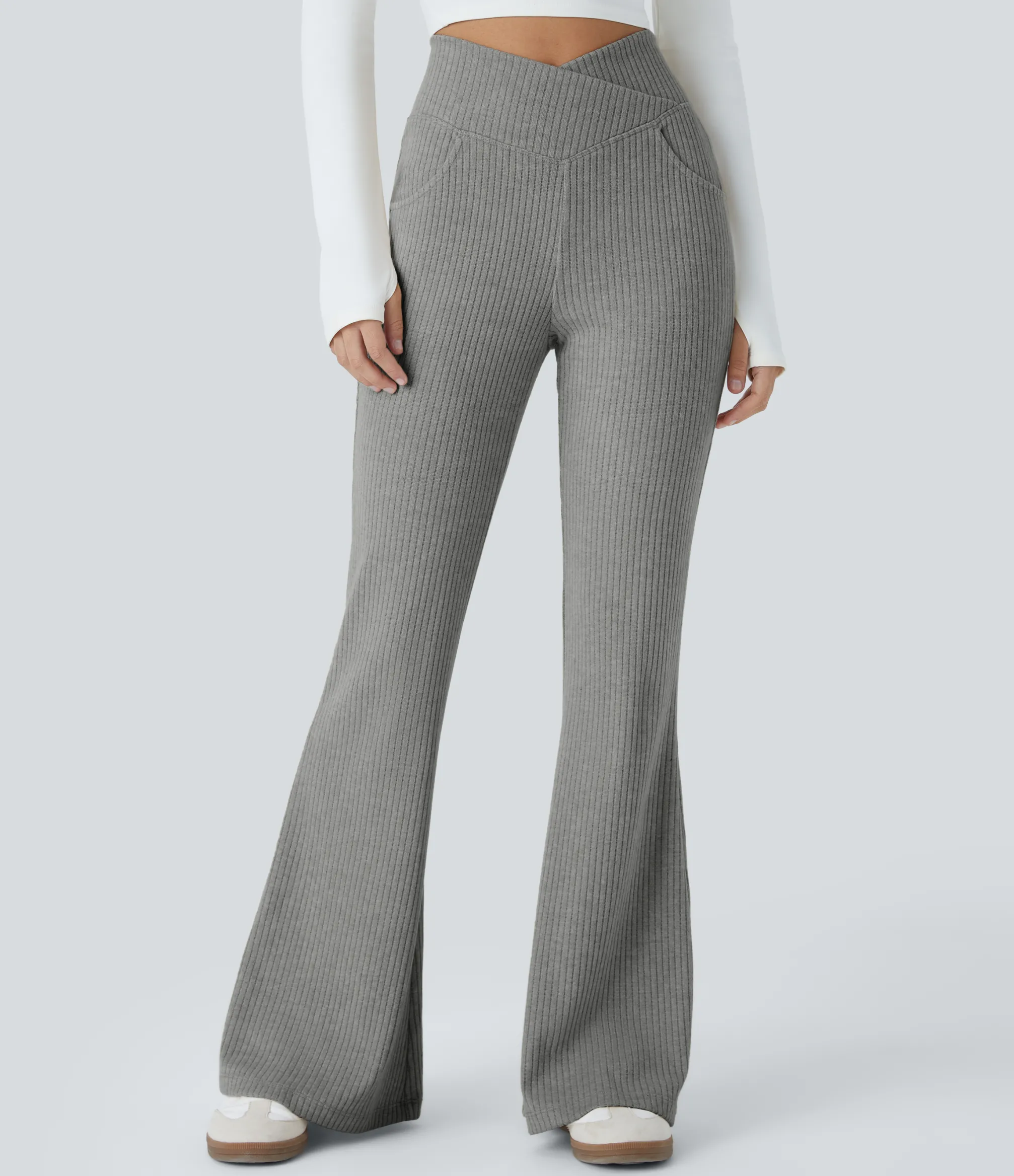 High-Waisted Pants|Skinny Pants<HALARA Ribbed Knit Crossover High Waisted Pocket Casual Flare Pants
