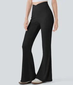 High-Waisted Pants|Flare Pants<HALARA Ribbed Knit Crossover High Waisted Casual Flare Pants with Pocket