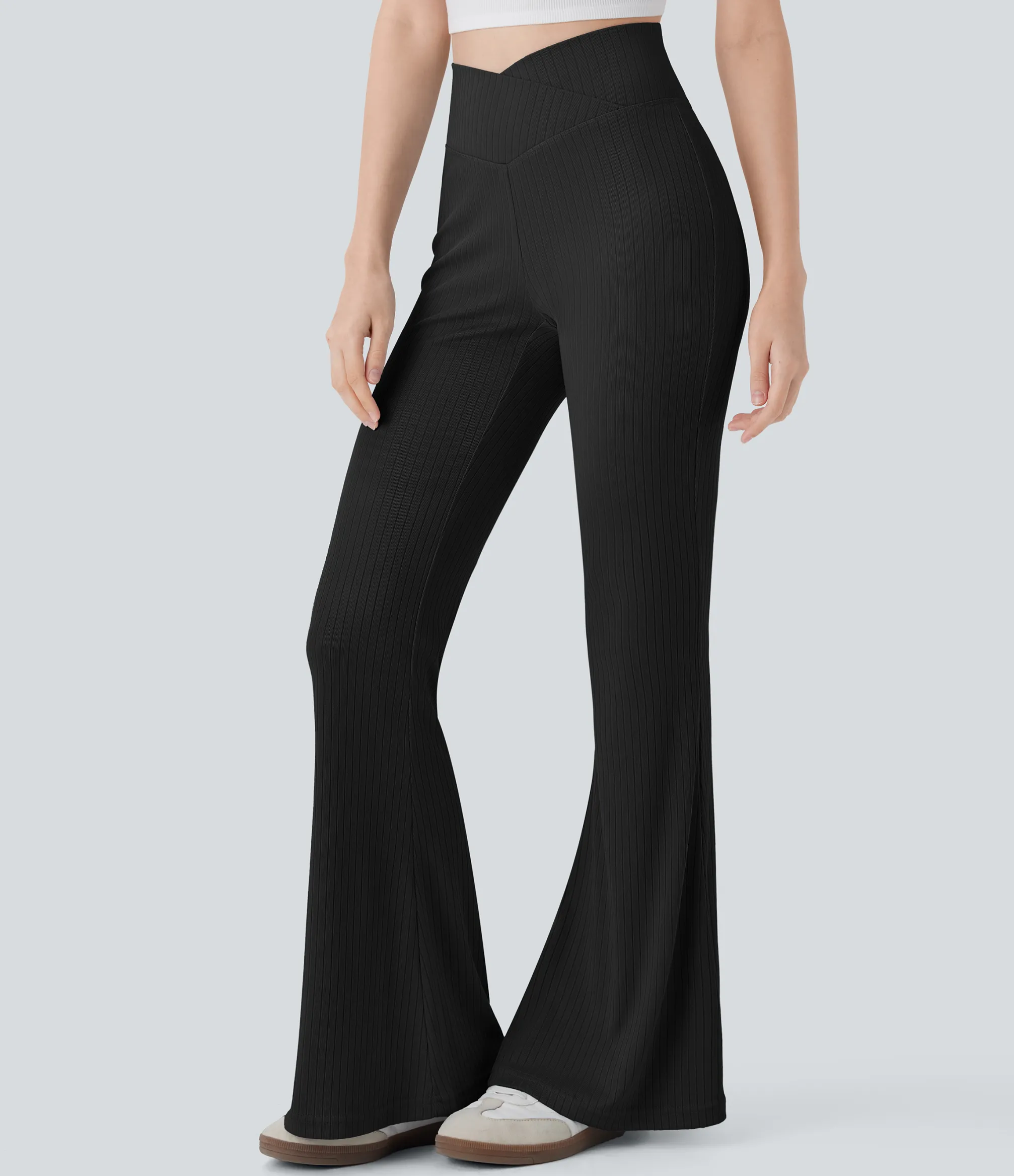 High-Waisted Pants|Flare Pants<HALARA Ribbed Knit Crossover High Waisted Casual Flare Pants with Pocket