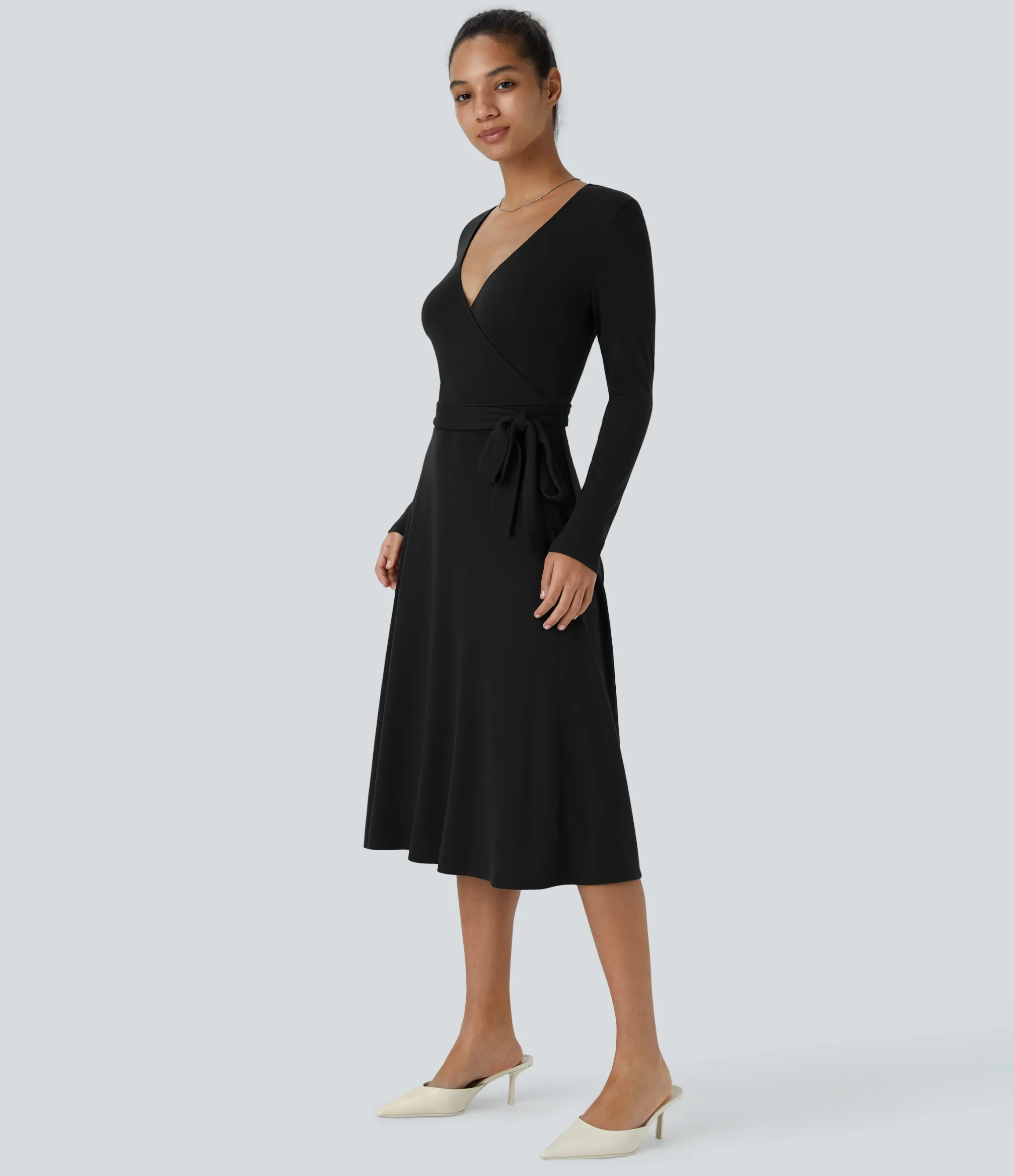 Maxi & Midi Dresses|Dresses<HALARA Ribbed Knit Crossover V Neck Long Sleeve Belted Midi Work Dress