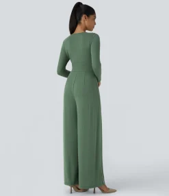 Jumpsuits<HALARA Ribbed Knit Deep V Neck Long Sleeve Pocket Palazzo Wide Leg Casual Jumpsuit