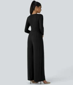 Jumpsuits<HALARA Ribbed Knit Deep V Neck Long Sleeve Pocket Palazzo Wide Leg Casual Jumpsuit