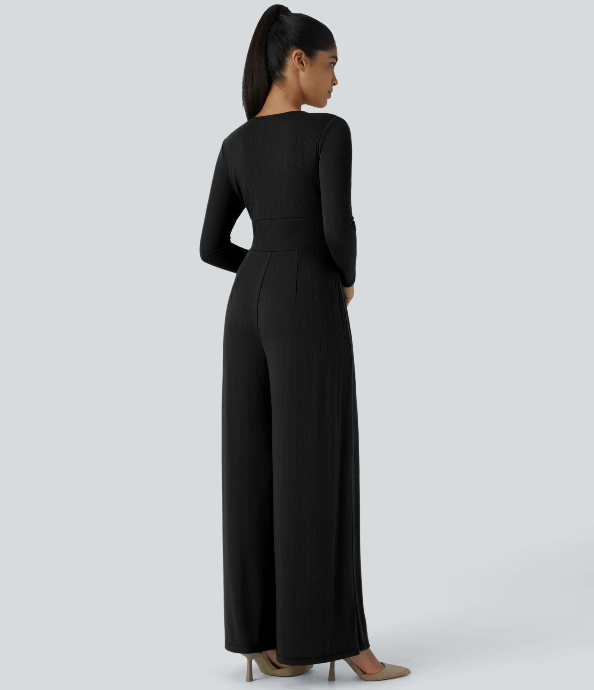 Jumpsuits<HALARA Ribbed Knit Deep V Neck Long Sleeve Pocket Palazzo Wide Leg Casual Jumpsuit