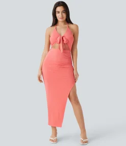 Dresses|Maxi & Midi Dresses<HALARA Ribbed Knit Halter Tie Front Cut Out Ruched Maxi Dress