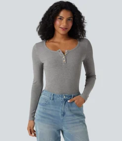 Casual Tops<HALARA Ribbed Knit Henley Long Sleeve Slim Casual Top