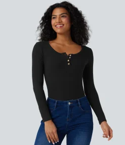 Casual Tops<HALARA Ribbed Knit Henley Long Sleeve Slim Casual Top