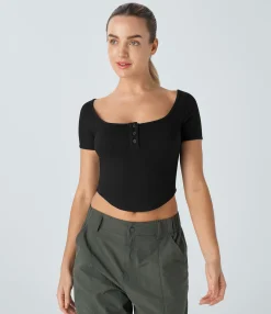 Casual Tops<HALARA Ribbed Knit Henley Neck Curved Hem Slim Cropped Casual Top