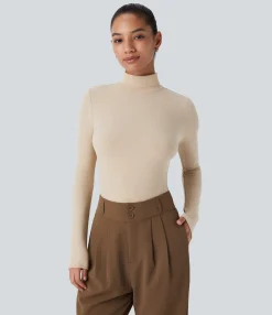 Casual Tops|Work Tops<HALARA Ribbed Knit High Collar Long Sleeve Casual Top