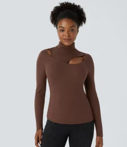 Casual Tops<HALARA Ribbed Knit High Neck Cut Out Long Sleeve Skinny Casual Top