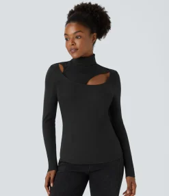 Casual Tops<HALARA Ribbed Knit High Neck Cut Out Long Sleeve Skinny Casual Top