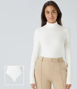 Work Tops|Bodysuits<HALARA Ribbed Knit High Neck Long Sleeve Work Bodysuit