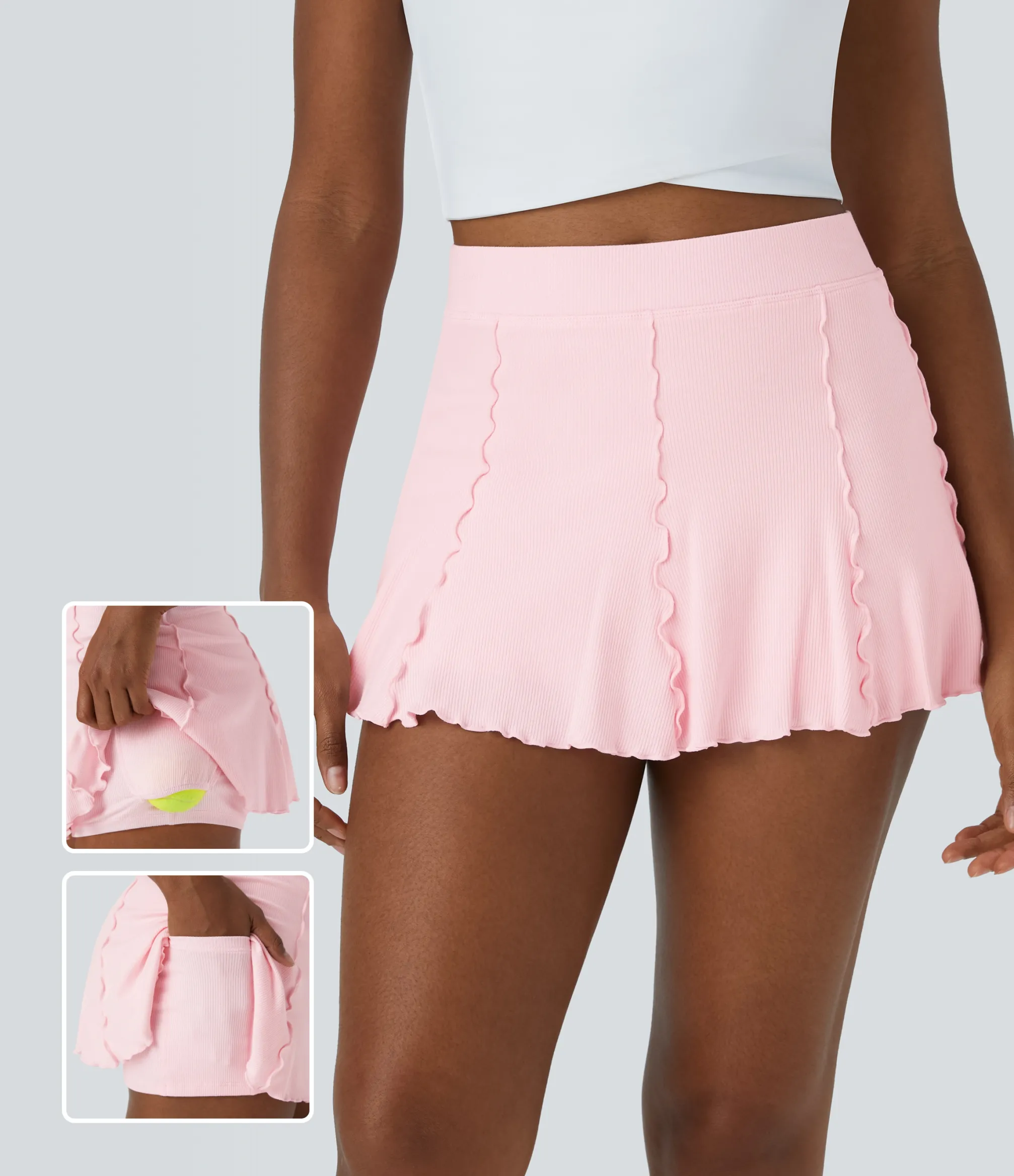 Mini Skirts|Active Skirts<HALARA Ribbed Knit High Waisted Contrast Trim Frill 2-in-1 Pocket Mini Tennis Skirt
