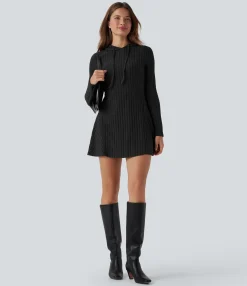 Dresses|Mini Dresses<HALARA Ribbed Knit Hooded Drawstring Long Sleeve Mini Casual Dress