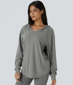 Sweatshirts & Hoodies<HALARA Ribbed Knit Hooded V Neck Drawstring Long Sleeve Curved Hem Casual Sweatshirt