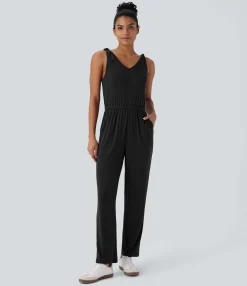 Jumpsuits<HALARA Ribbed Knit Knot V Neck Sleeveless Pocket Casual Jumpsuit