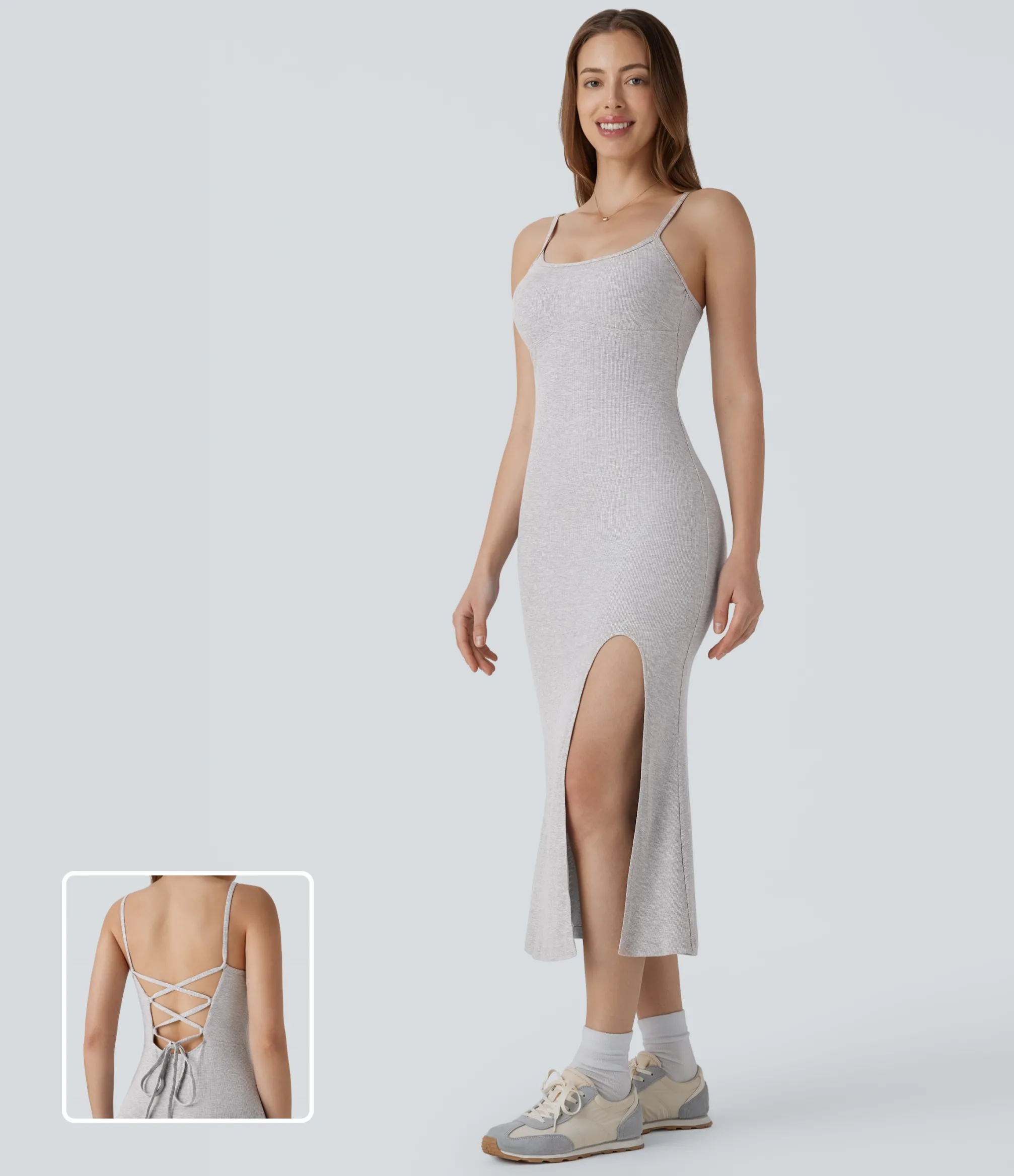 Dresses|Maxi & Midi Dresses<HALARA Ribbed Knit Lace Up Midi Casual Slip Dress