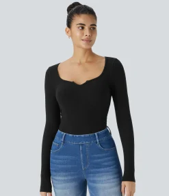 Casual Tops<HALARA Ribbed Knit Long Sleeve Ruched Curved Hem Skinny Casual Top