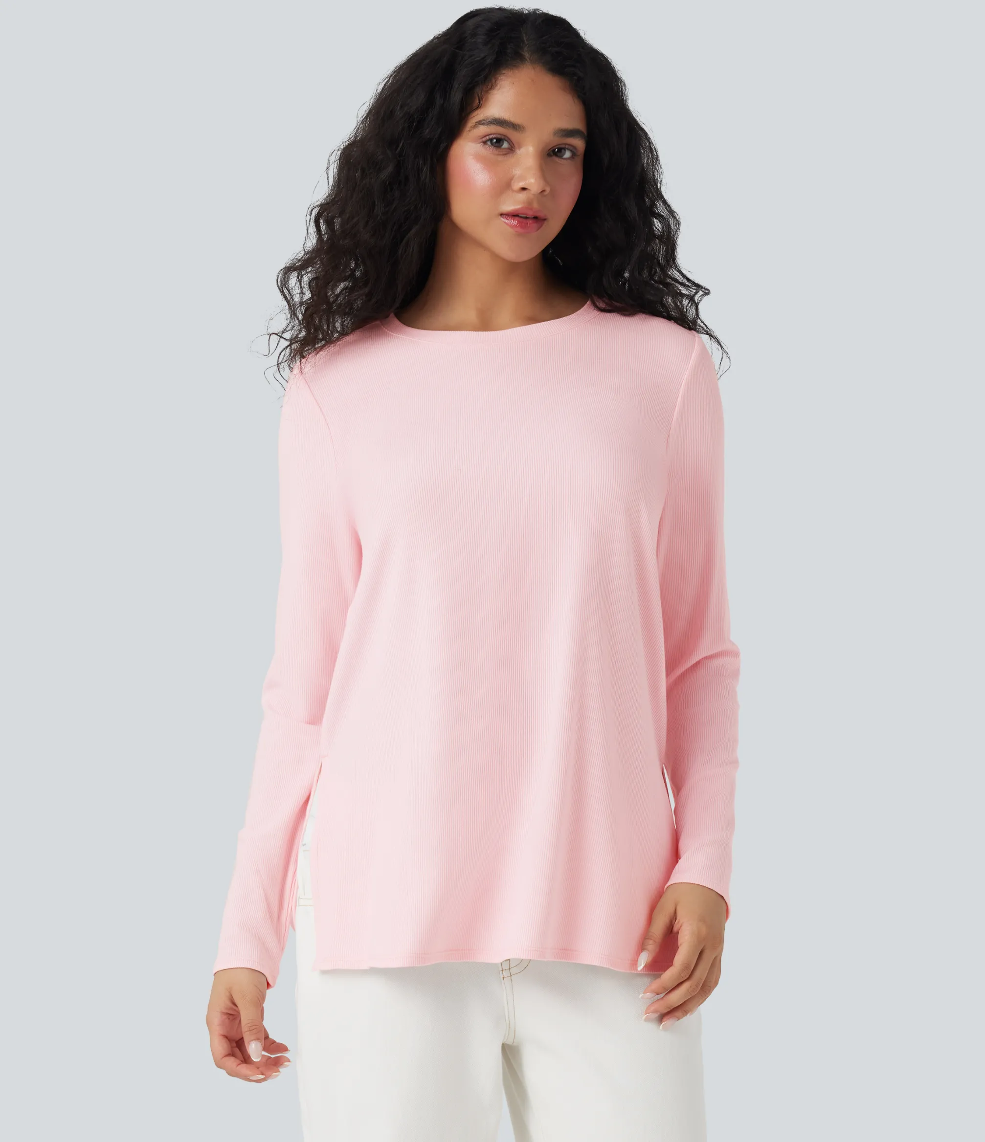 Casual Tops|T-Shirts<HALARA Ribbed Knit Long Sleeve Split Hem Casual T-Shirt