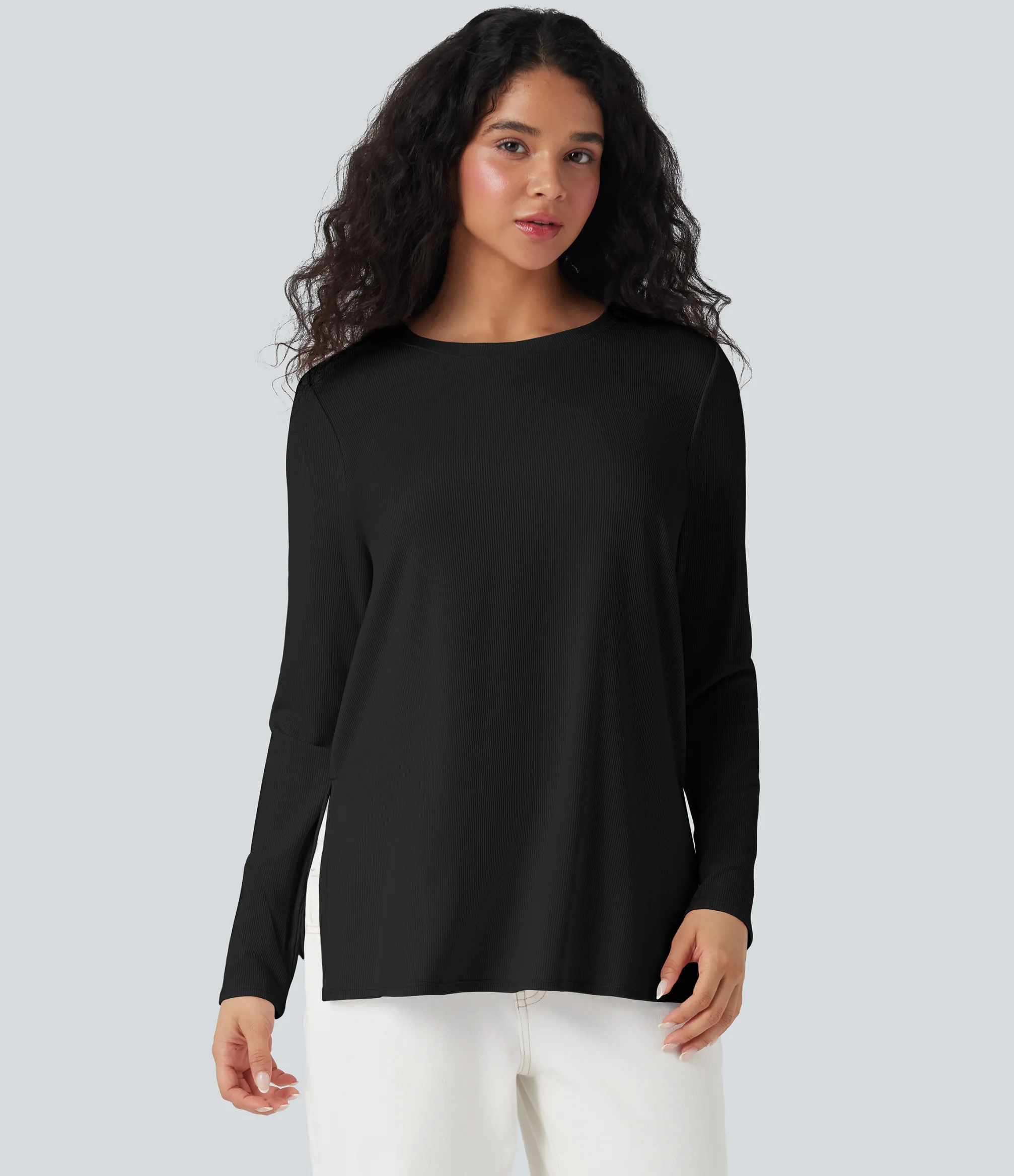Casual Tops|T-Shirts<HALARA Ribbed Knit Long Sleeve Split Hem Casual T-Shirt