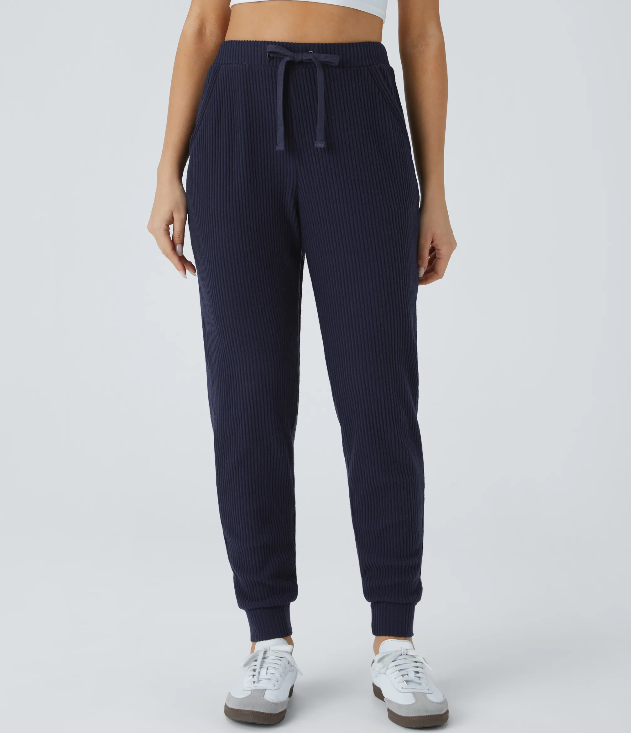 Pants|Joggers<HALARA Ribbed Knit Mid Rise Drawstring Pockets Casual Joggers