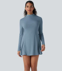 Dresses|Mini Dresses<HALARA Ribbed Knit Mock-neck Long Sleeve Mini Casual Dress