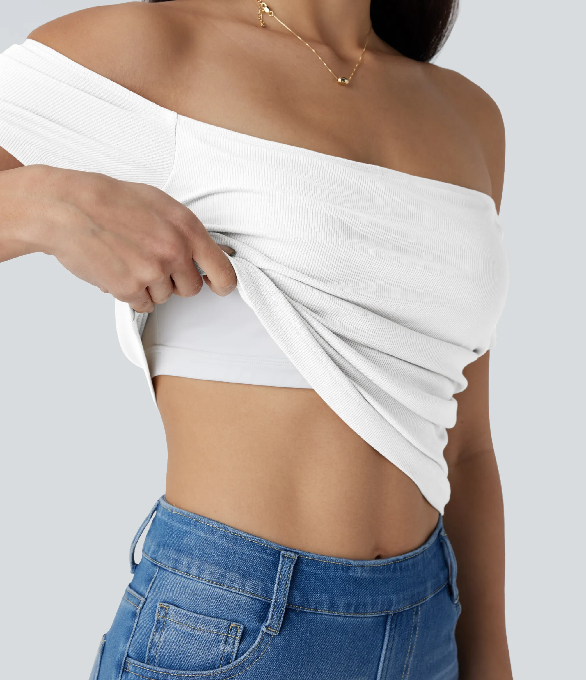 Casual Tops<HALARA Ribbed Knit Off Shoulder Short Sleeve 2-in-1 Casual Top