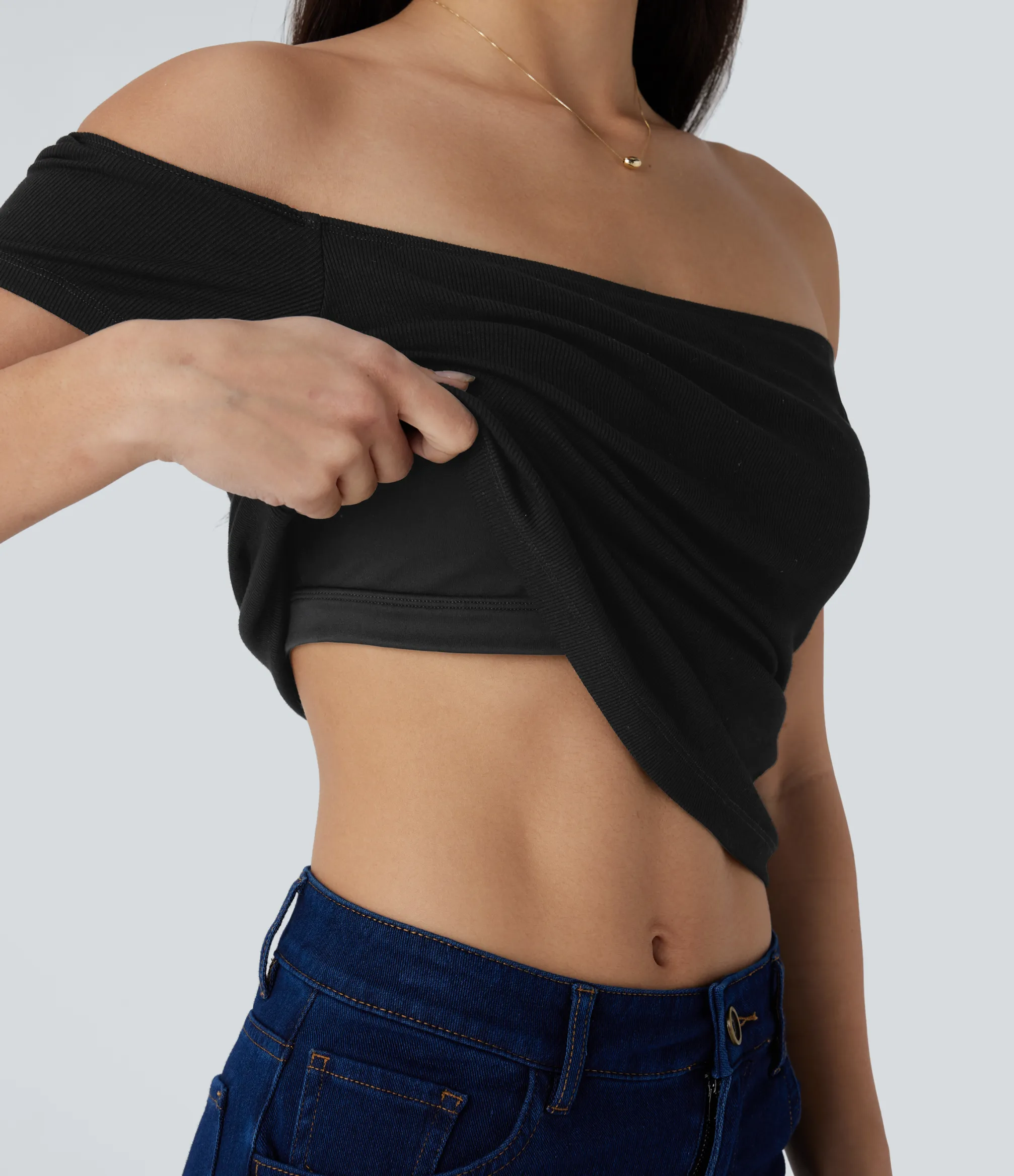 Casual Tops<HALARA Ribbed Knit Off Shoulder Short Sleeve 2-in-1 Casual Top