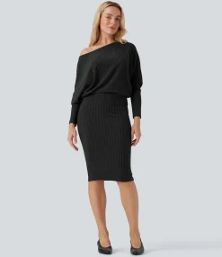 Bodycon Dresses|Maxi & Midi Dresses<HALARA Ribbed Knit Off-shoulder Batwing Long Sleeve Bodycon Midi Casual Dress