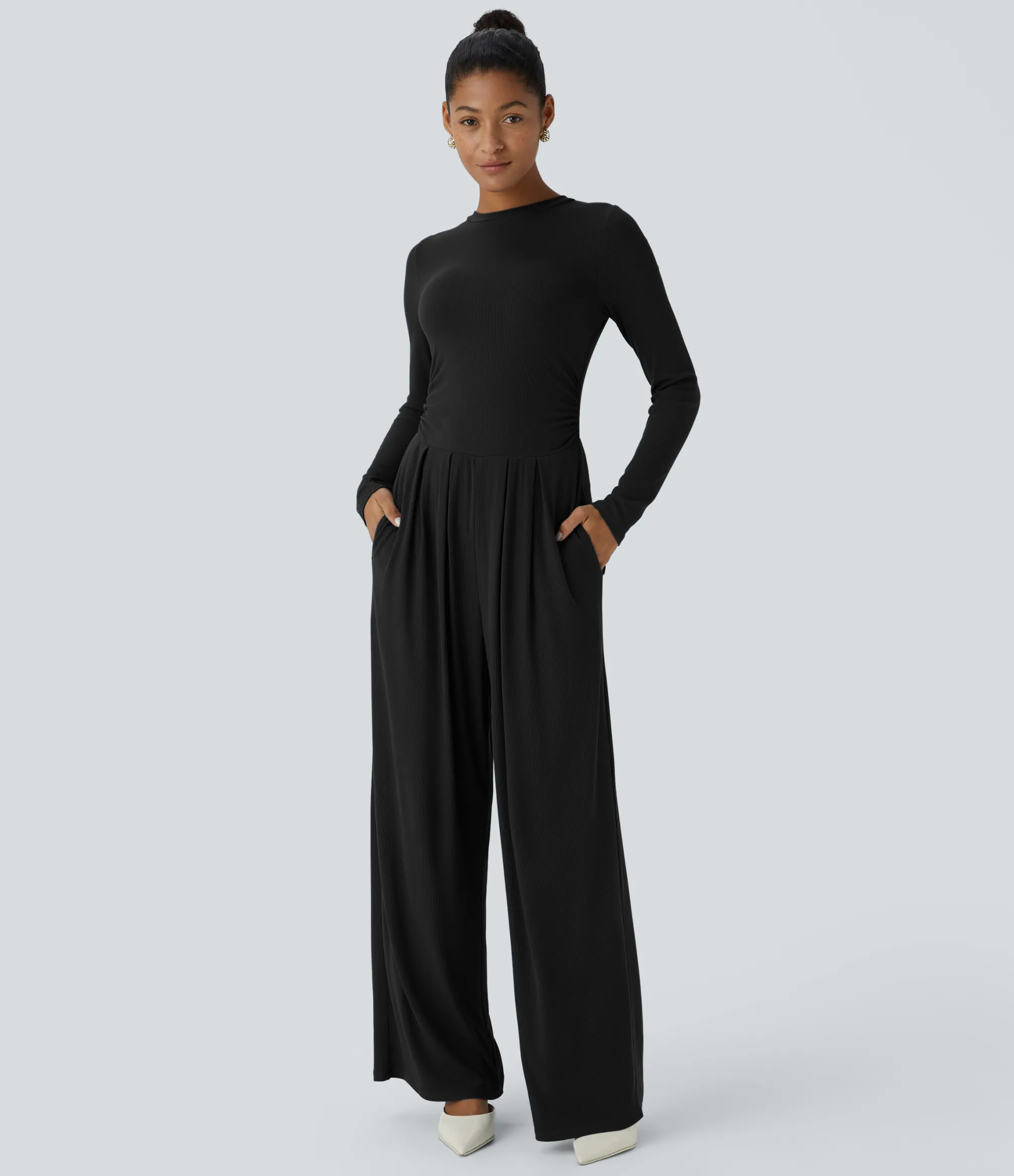 Jumpsuits<HALARA Ribbed Knit Round Neck Back Zipper Long Sleeve Ruched Pocket Wide Leg Casual Jumpsuit