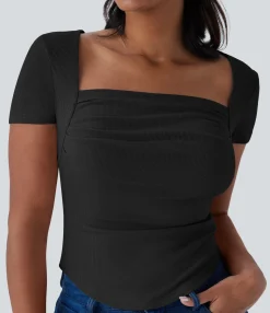 Casual Tops<HALARA Ribbed Knit Square Neck Ruched Curved Hem 2-in-1 Skinny Casual Baby Tee