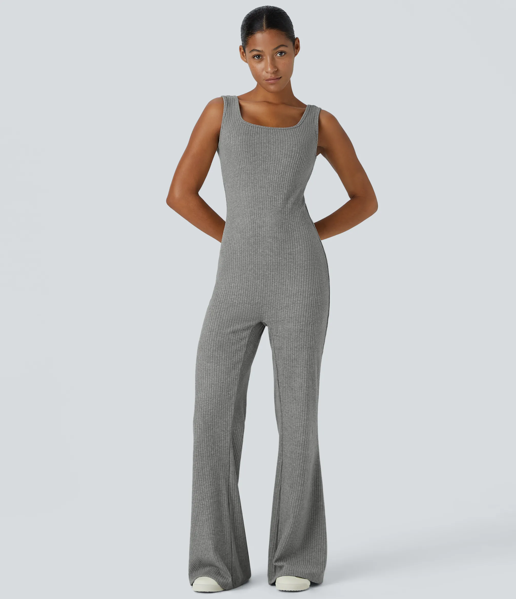Jumpsuits<HALARA Ribbed Knit Square Neck Sleeveless Casual Jumpsuit Dark Mottled Grey