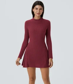Mini Dresses|Dresses<HALARA Ribbed Knit Stand Collar Long Sleeve Mini Casual Dress
