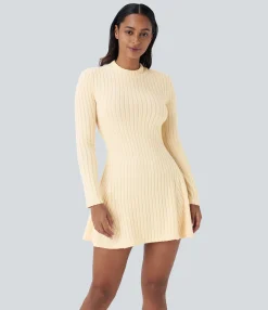 Mini Dresses|Dresses<HALARA Ribbed Knit Stand Collar Long Sleeve Mini Casual Dress