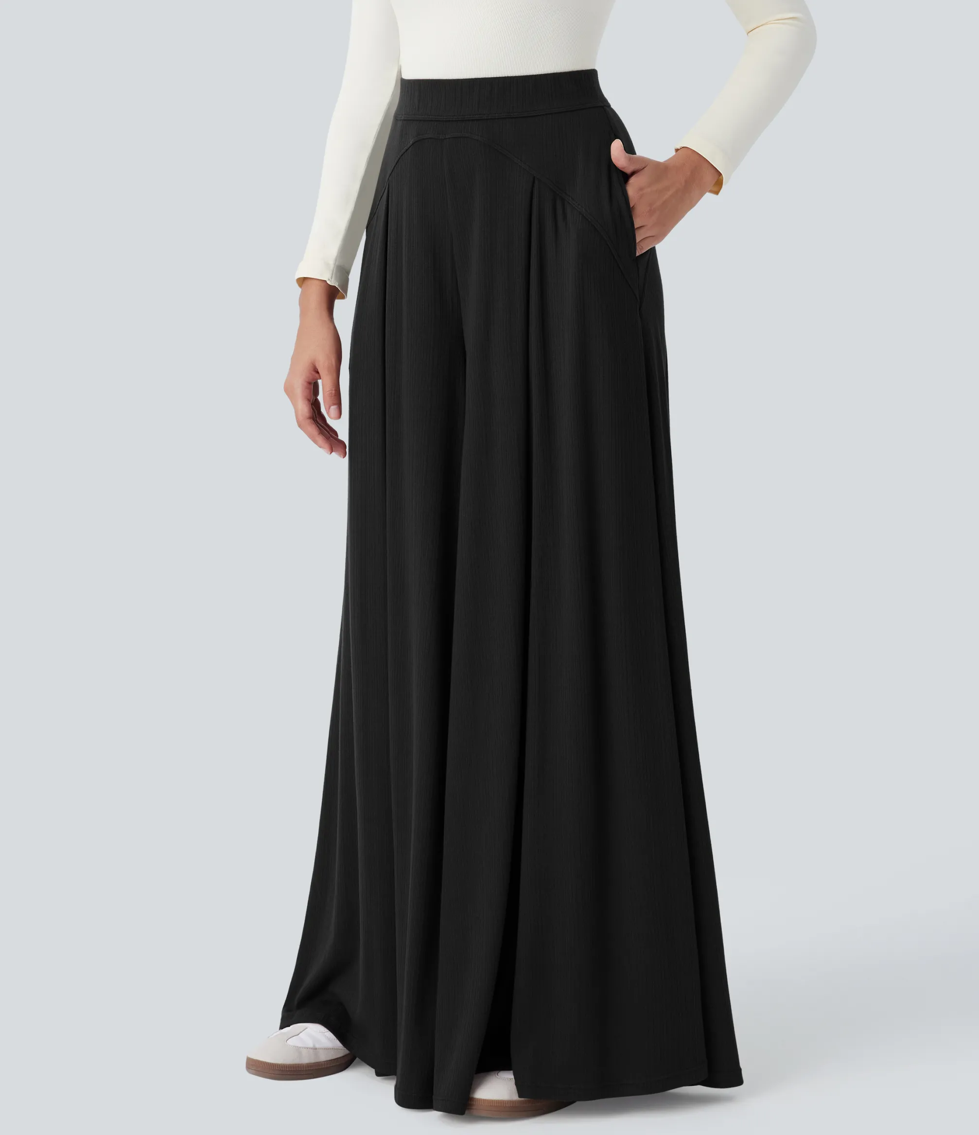 High-Waisted Pants|Pants<HALARA Ribbed Knit Super High Waisted Pocket Wide Leg Palazzo Casual Pants