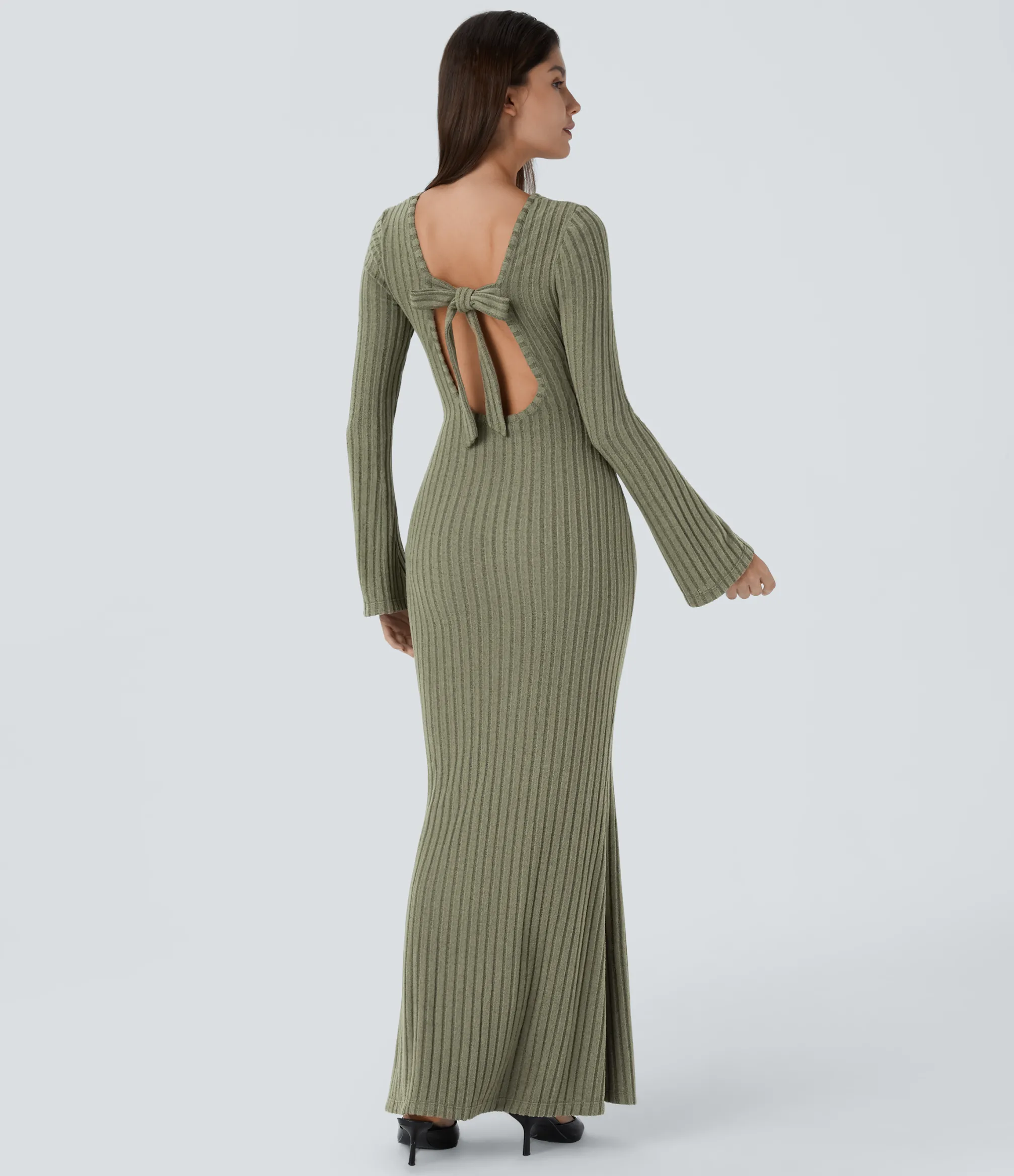 Dresses|Bodycon Dresses<HALARA Ribbed Knit Tie Back Long Sleeve Bodycon Mermaid Maxi Casual Dress