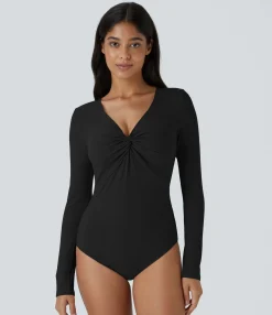 Bodysuits<HALARA Ribbed Knit V Neck Long Sleeve Snap Skinny Casual Bodysuit