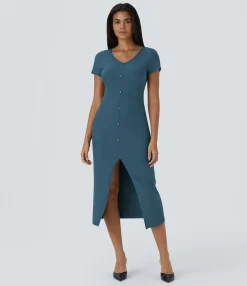 Maxi & Midi Dresses|Dresses<HALARA Ribbed Knit V Neck Midi Chill Dress