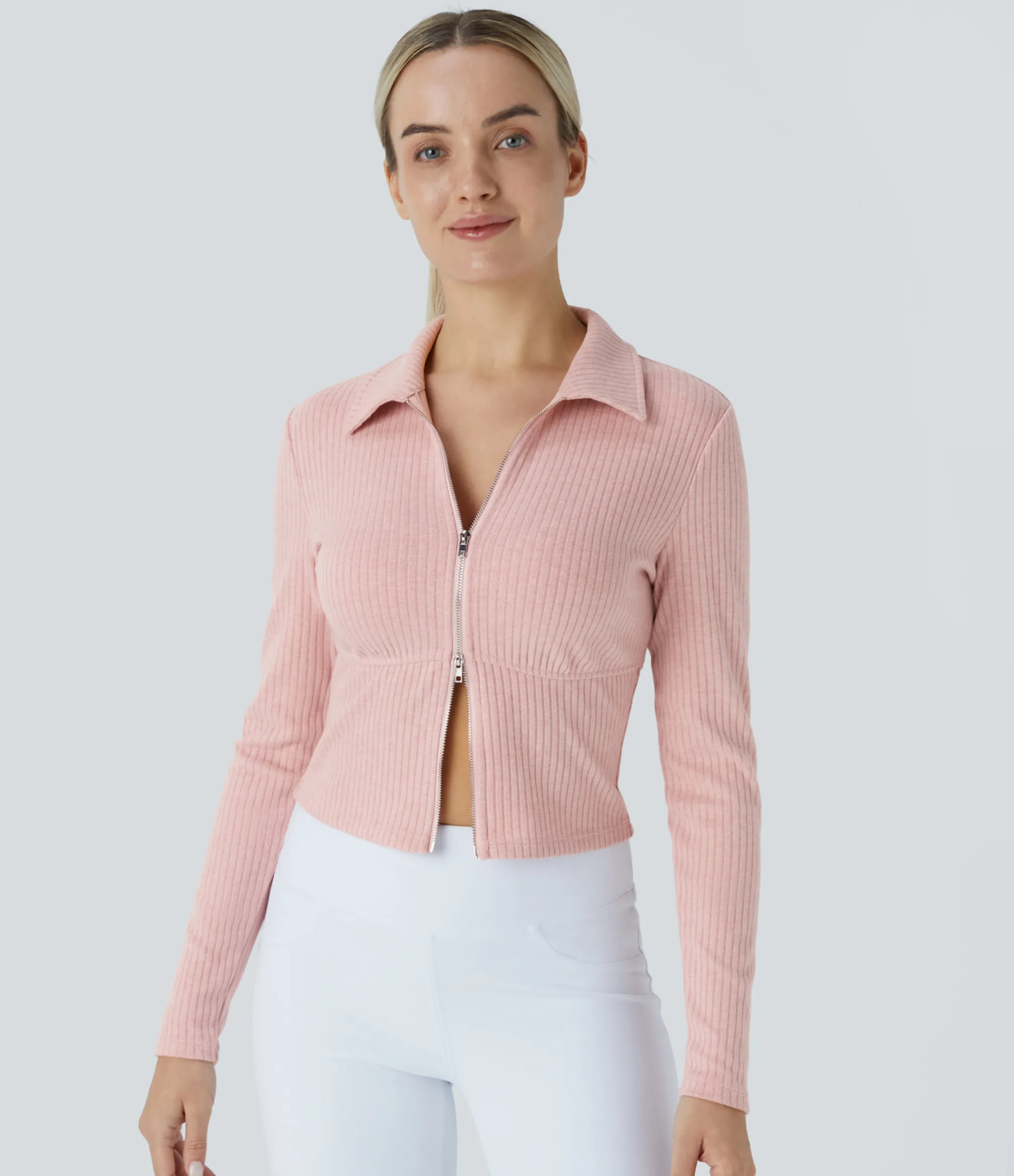 Casual Tops<HALARA Ribbed Knit 2-Way Zipper Long Sleeve Casual Top Peachskin