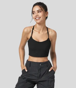 Sports Bras|Sports Bras<HALARA Ribbed Low Support Halter Solid Cropped Yoga Sports Bra